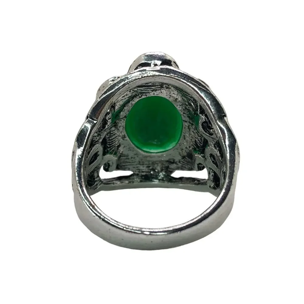 Silver and Green Rhinestone Statement Ring - Size 7